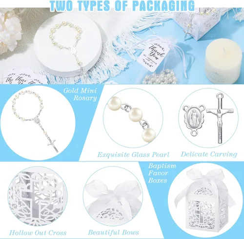 Miniatura 8 de MTLEE El juego de 100 piezas de recuerdos de bautismo incluye mini rosario, cajas de recuerdos de bautismo, bolsas de organza blanca con cordón