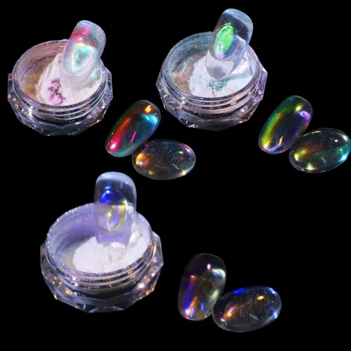 Miniatura 11 de 2 polvos de cromo Aurora para uñas blanco iridiscente, polvo de uñas cromado de sirena, polvo de perlas de uñas camaleón, cromo camaleón, pigmento 2