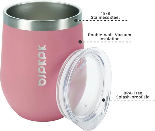 Miniatura 2 de BJPKPK 2 vasos de vino aislados de 12 onzas, tazas de café al vacío de doble pared de 12 onzas con tapa, vasos de vino de acero inoxidable Rosa claro