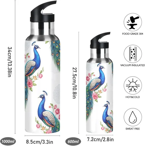 Miniatura 2 de Stainless Steel Vacuum Insulated Water Bottle 20 Oz, BPA-Free Sport Water Bottle for Gym Outdoor Travel School, Peacocks Blue Green Feathers