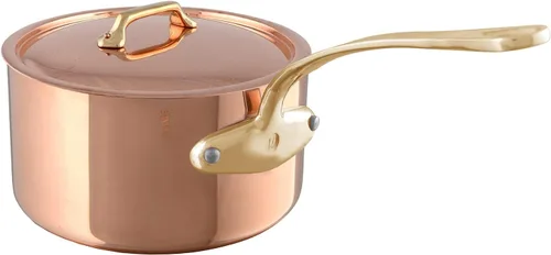 Mauviel M'Heritage - Cacerola de cobre pulido y acero inoxidable de 200 B de 0.079 in con tapa y asas de latón, 2.6 cuartos de galón, fabricada en