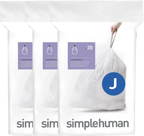 simplehuman – Bolsas de basura código J, paquete con dispensador, 60 unidades, con cordón de ajuste, 30-45 litros / 8-12 galones, color blanco