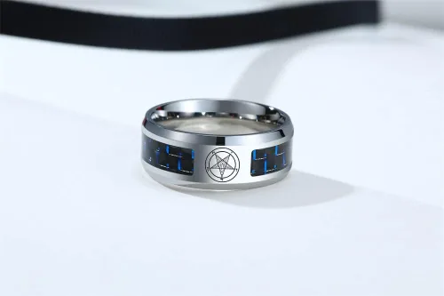 Miniatura 6 de Iglesia de Satanás Joyería Leviatán Cruz Satánica Símbolo Anillo Acero Inoxidable Fibra de Carbono Incrustación Banda para Hombres