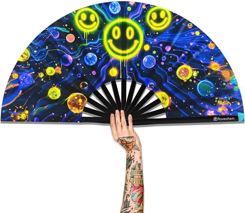 Miniatura 18 de Ventilador plegable grande, ventilador Clack Rave de 13 pulgadas, ventilador de mano para mujeres y hombres con tela de satén de alta calidad, marco
