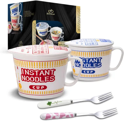 Tazones de ramen con tapa y asa, lindos tazones de fideos instantáneos para ramen, juegos de cuencos grandes de cerámica con tenedor, regalo para 2