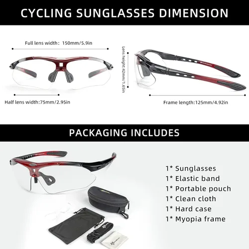 Miniatura 6 de ROCKBROS Photochromic Sports Sunglasses Mens Pickleball Glasses Cycling Glasses MTB Sunglasses, with Removable Elasctic Band Rojo