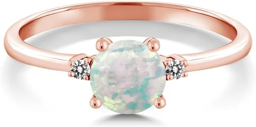 Miniatura 3 de Gem Stone King Juego de anillos solitarios de compromiso de oro rosa de 10 quilates con cabujón redondo de 0.33 quilates, ópalo blanco simulado