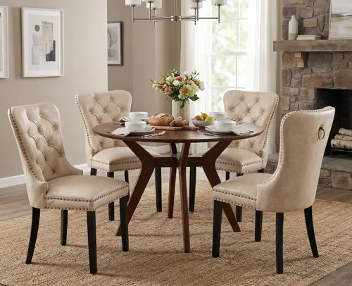 Miniatura 9 de CIMOTA Juego de 2 sillas de comedor de cuero beige, modernas de mediados de siglo, sillas de comedor tapizadas para cocina, comedor, cómodas sillas