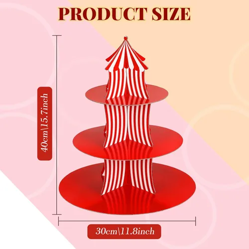 Miniatura 2 de Amyhill 2 soportes para cupcakes de carnaval de cartón de 3 niveles, soporte para cupcakes de circo a rayas rojas y blancas para exhibiciones