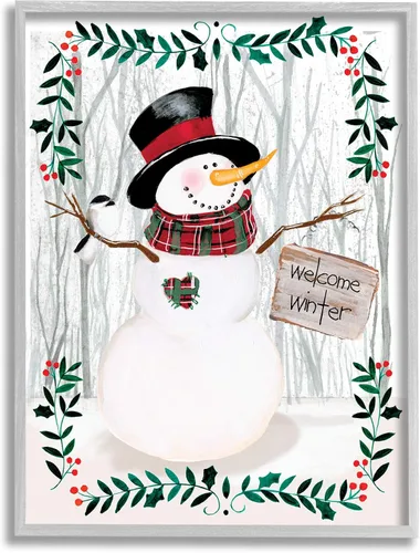 Miniatura 9 de Stupell Industries Felicitación de bienvenida de invierno con diseño floral de muñeco de nieve, bosque, acebo, diseñado por Jennifer Paxton Parker