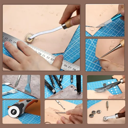 Miniatura 5 de SOCNITC Herramientas de artesanía de cuero, kit de trabajo de cuero con broches y remaches, herramientas de estampado, herramientas de costura, hilo