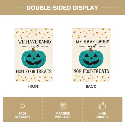 Miniatura 6 de AVOIN colorlife Bandera de jardín de calabaza verde azulado Jack-O'-Lantern de doble cara, con texto en inglés "We Have Candy Non-Food Treats