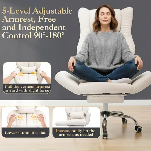 Miniatura 3 de Silla de oficina ejecutiva de respaldo alto con reposapiés, piel sintética reclinable, soporte lumbar, estilo entrecruzado, reclinación de 155° Beige
