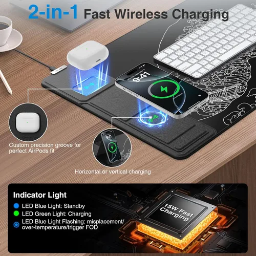 Miniatura 2 de Wireless Charging Mouse Pad with Foldable Phone Holder, 31.5"x15.8" Large Desk Mat for Laptop/Keyboard, Waterproof Ultra-Smooth Surface, Non-Slip