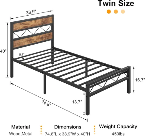 Miniatura 2 de VECELO Base de cama tamaño individual con cabecero, plataforma resistente con soporte de listones de metal, no necesita somier, fácil montaje, negro