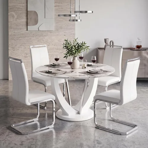 Miniatura 43 de Juego de mesa de comedor redonda de 48'' para 4, juego de mesa y sillas de cocina de mármol, conjunto de 4, mesa redonda con pata de MDF negro