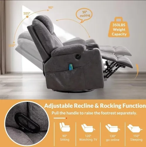 Miniatura 4 de Silla reclinable de masaje para adultos, silla reclinable eléctrica para ancianos, silla reclinable giratoria de 360° con bolsillos, portavasos