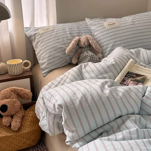 Miniatura 8 de AOJIM Blue & Brown Striped Duvet Cover Set Twin Size 100% Washed Cotton Stripe Bedding Set 3-Piece, Soft Zipper Comforter Cover and 2 Pillowcases