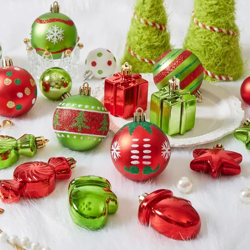 Miniatura 2 de Juego de 42 adornos de bolas de Navidad - Adornos de Navidad rojos y verdes surtidos, inastillables, brillantes, colgantes, adornos de árbol