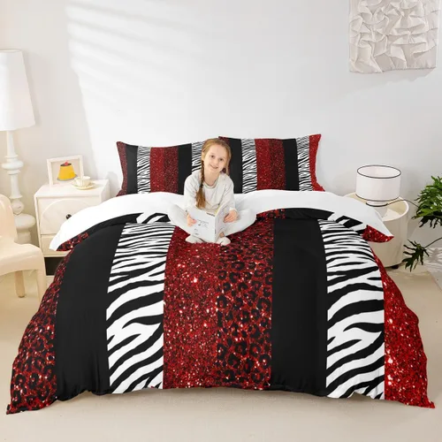 Miniatura 26 de Juego de funda de edredón para niños, tamaño individual, diseño de cebra y leopardo con purpurina, decoración de habitación para niñas y mujeres