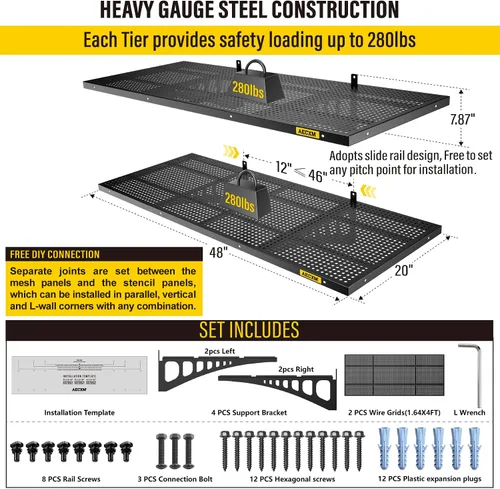 Miniatura 5 de Aecxm Paquete de 2 estantes de pared de garaje ajustables de 1.64x4 pies con capacidad de carga de 560 libras, estante de almacenamiento montado