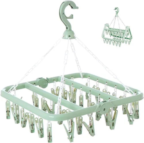 Tendedero de Ropa con 32 Pinzas, Tendedero Colgante Plegable, Gancho Giratório de 360° para Secar Calcetines, Ropa de Bebé, Toallas, Guantes (Verde