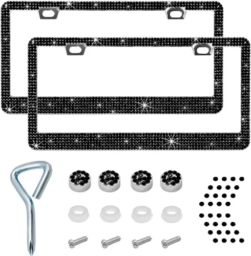 Ziciner 2 piezas de marco de matrícula brillante, cubierta de etiqueta de matrícula brillante con diamantes de imitación multifacéticos, soporte de