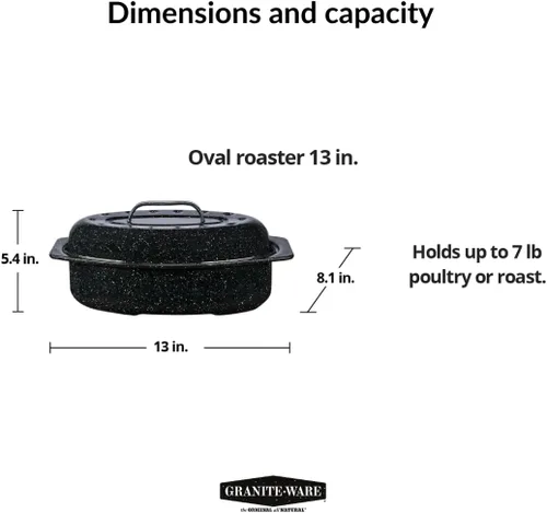 Miniatura 9 de Granite Ware Asador ovalado de 13 pulgadas con tapa. Diseño de acero esmaltado para acomodar hasta 7 libras de aves de corral/asado. Resiste hasta