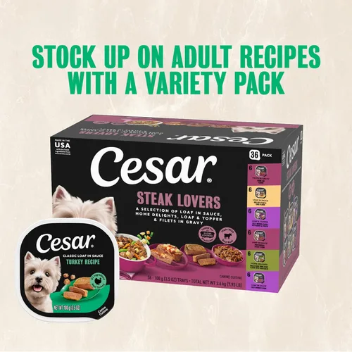 Miniatura 14 de Cesar Classic Loaf in Sauce - Alimento húmedo para perros adultos, para amantes de las aves de corral, paquete variado con pollo real, pavo o pato