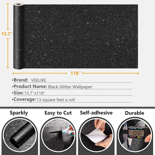 Miniatura 9 de VEELIKE Papel Tapiz Negro con Purpurina Despegar y Pegar Papel de Contacto con Purpurina Negra Brillante para Gabinetes Paredes 15.7''x118