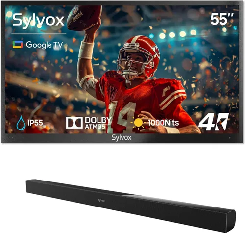 SYLVOX Paquete de TV para exteriores de 55 pulgadas + barra de sonido S2, 4K HDR impermeable Smart TV (Deck Pro 3.0) con barra de sonido exterior de