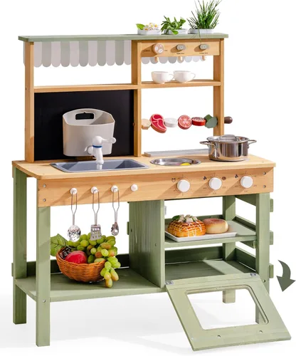 Miniatura 11 de ROBUD Cocina de Barro para Niños al Aire Libre, Cocina de Madera para Jugar al Aire Libre, Cocina de Barro para Niños con Fregadero y Grifo
