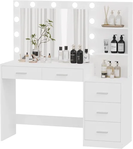 Miniatura 7 de Rovaurx Mesa de tocador de maquillaje blanca de 46.7 pulgadas con espejo iluminado, escritorio grande con estante de almacenamiento y 5 cajones