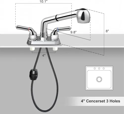 Miniatura 7 de Grifo de lavabo utilitario, grifo de lavadero con rociador extraíble, grifo de plástico ABS, centro de 4 pulgadas, instalación de 3 agujeros,