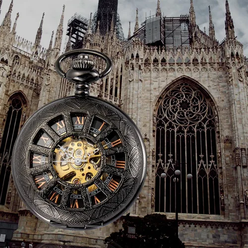 Miniatura 2 de SIBOSUN Reloj de bolsillo esqueleto especial 12 - Pequeño - Diseño de caja de ventana para hombre, color negro, mecánico con caja de cadena
