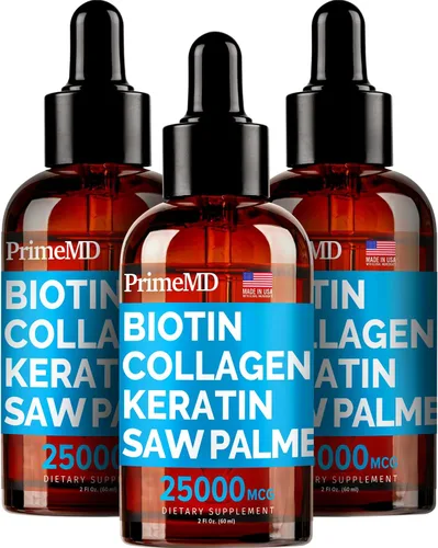 PrimeMD Gotas de biotina líquida 4 en 1 con colágeno y queratina (3 unidades) – Paquete de 3 – 25000 mcg de vitaminas para el cabello y la piel para