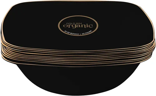 Tazones de sopa cuadrados de plástico negro orgánicos para fiestas con borde dorado, vajilla desechable elegante, platos de 16 oz, paquete de 32