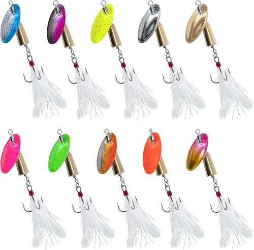 Dr.Fish Paquete de 10 señuelos giratorios de pesca en línea con un solo gancho para trucha, spinnerbait, kits de señuelos Bass Crappie Salmón