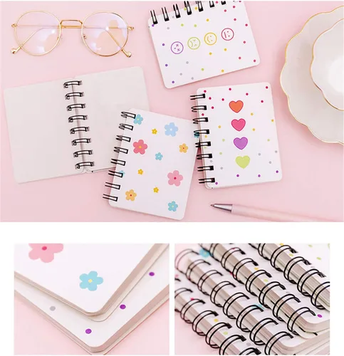 Miniatura 6 de Yansanido Cuaderno Pequeño en Espiral, 4 Piezas de 3.14 x 4.13 pulgadas, 4 estilos de diseño de tapa dura gruesa, páginas en blanco, 80 hojas, 160