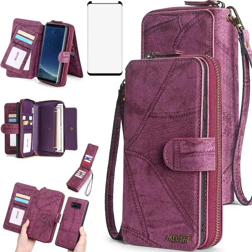 Asuwish Funda de teléfono para Samsung Galaxy S8 con cremallera, funda desmontable con protector de pantalla de vidrio templado y soporte de tarjeta