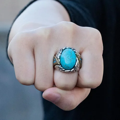 Miniatura 2 de SKOOMEN Men's Rings in Sterling Silver, Silver Ring with Black Agate Stone, Silver Men Ring with Turquoise Stone, Handmade Statement Ring with Lapis