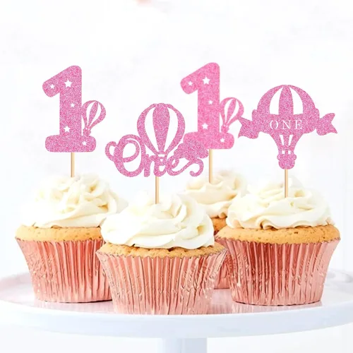 Miniatura 7 de Ercadio Paquete de 24 globos aerostáticos para cupcakes, globos con purpurina rosa, un globo para magdalenas, 1ª selección de cupcakes para globos