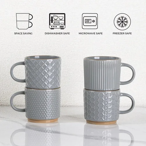 Miniatura 6 de GBhome Juego de 4 tazas de café apilables de 8 onzas, tazas de café de cerámica con patrones de textura para hombre, mujer, papá, mamá, tazas de Gris