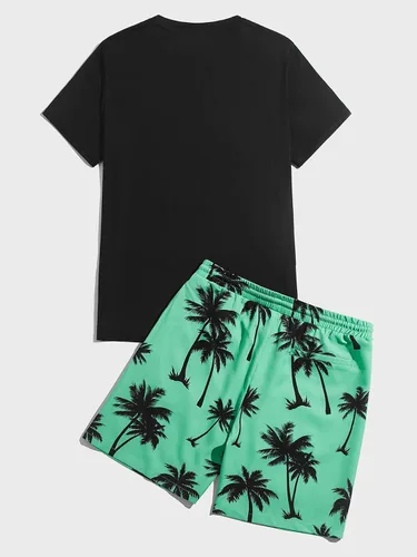 Miniatura 87 de GORGLITTER Conjunto de 2 piezas de camiseta gráfica de manga corta para hombre, estampado hawaiano con cordón y pantalones cortos