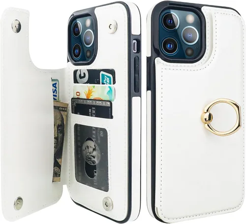 Miniatura 13 de ONETOP Funda tipo cartera para iPhone 13 Pro Max con soporte para tarjetas, anillo de rotación de 360°, función atril, bloqueo RFID, piel sintética