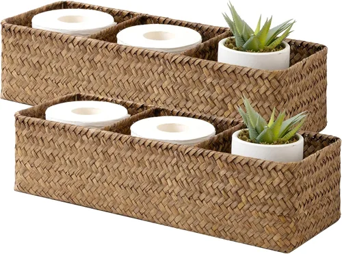 Miniatura 10 de StorageWorks Cestas de papel higiénico para estantes, cestas de mimbre de 3 secciones, cesta de inodoro para tapa de depósito, encimera, despensa