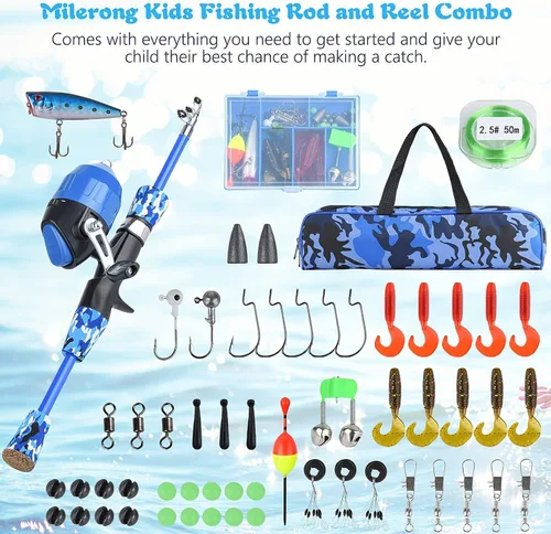 Miniatura 7 de Milerong Caña de pescar para niños, caña de pescar telescópica portátil y carrete combinado para niños, niñas, jóvenes, con carrete de pesca Juego