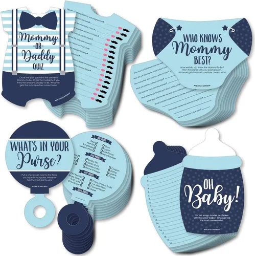 Big Dot of Happiness Baby Boy - 4 juegos azules para baby shower - 10 cartas cada uno - Quién sabe mejor a mami, cuestionario de mamá o papá, qué