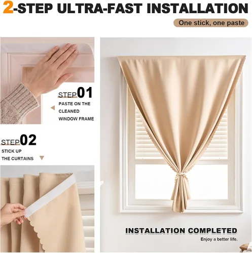 Miniatura 2 de Cortinas autoadhesivas, sin taladrar, sin varilla, cortinas opacas fáciles de instalar para persianas de ventana, dormitorio