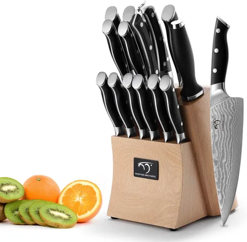Miniatura 4 de NANFANG BROTHERS Juego de cuchillos de cocina de Damasco de 15 piezas con acero de Damasco japonés de 67 capas, mango ergonómico ABS para juego